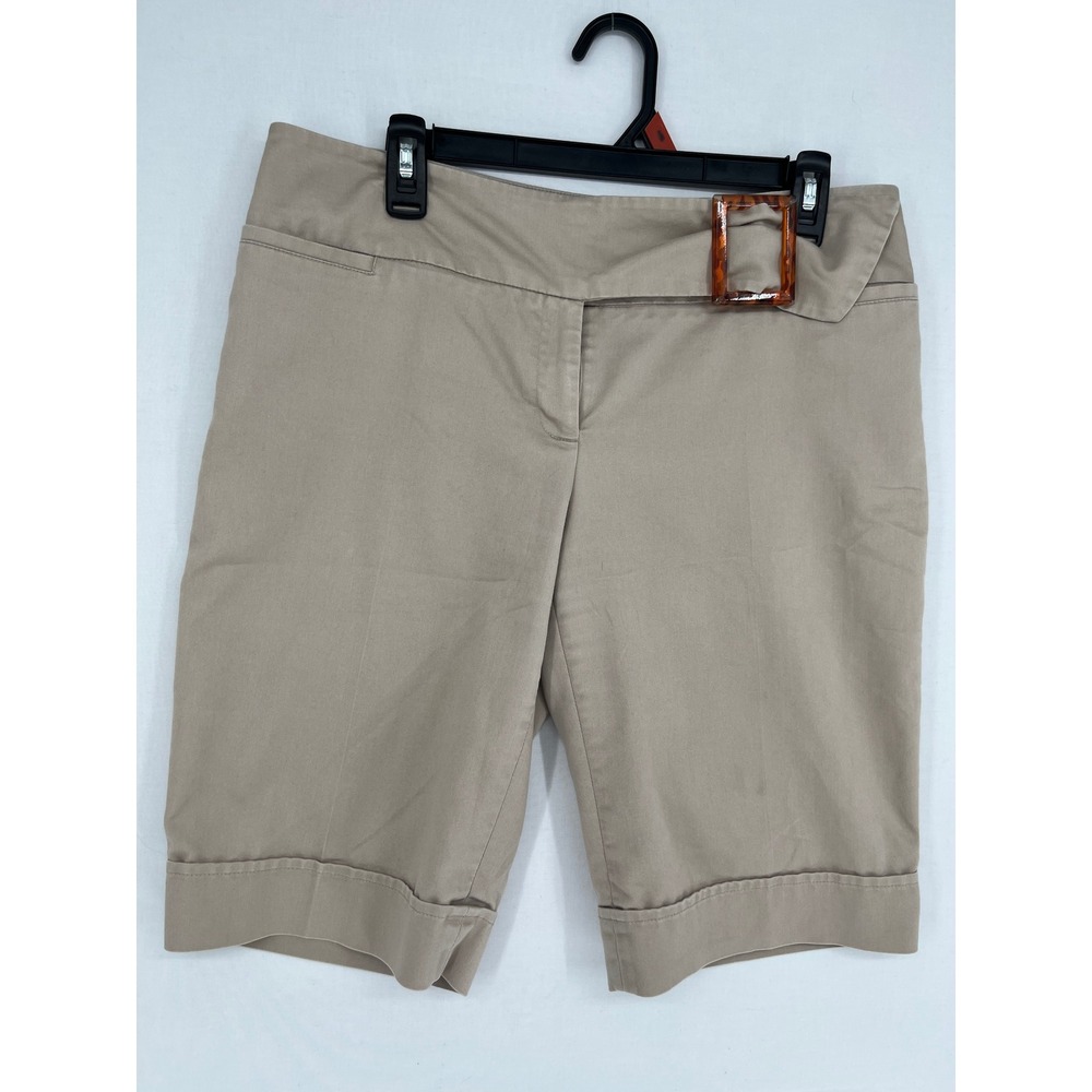AB Studio Bermuda Shorts Womens 8 Buckle Detail Cuffed Khaki Tan 0472J84